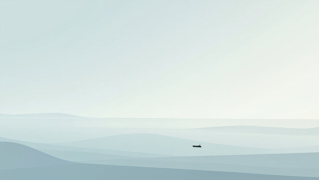 Minimalist landscape with a small boat on a misty sea - Powered by Adobe
