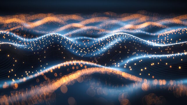Optical coherence bands laser interference patterns flowing waves bokeh light particles synchronized energy diffraction gratings luminous streams dark blue background