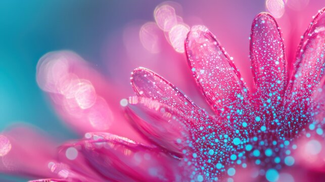 Laser speckle dynamics macro photography magenta cyan flower petals water droplets coherent light interference optical phenomena abstract patterns commercial imagery