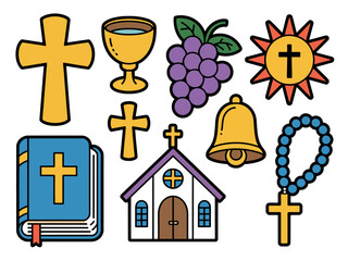 A collection of religious symbols including a bible, church, cross, and rosary beads.