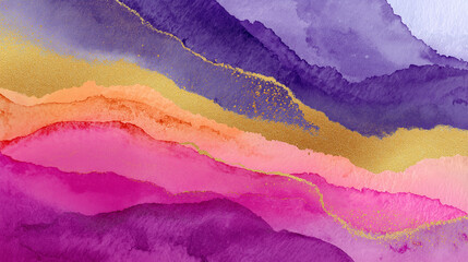 Abstract Watercolor Texture Background with Gold Foil Accents in Purple Pink and Orange