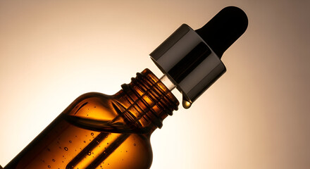 Premium essential oil dropper bottle in amber glass with warm backlight
