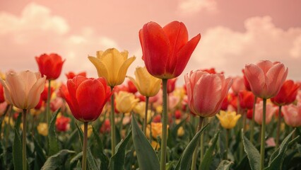 Colorful tulips in a field with a warm sky, showcasing vibrant flowers and lush green leaves.