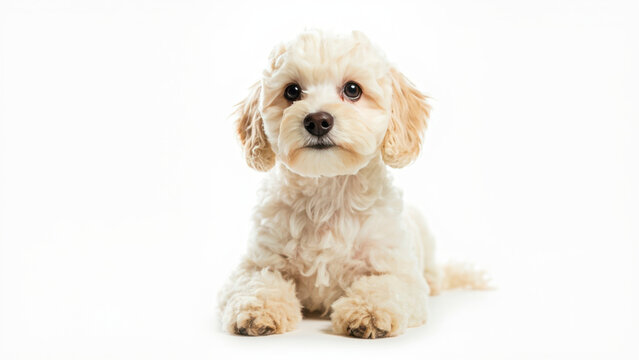 Adorable Cavapoo puppy lying down, looking at the camera on a white background