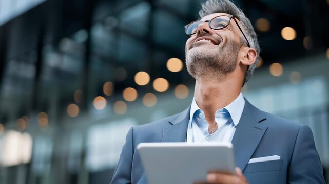 A man in a suit is smiling while looking at a tablet. He is enjoying himself and is likely using the tablet for work or entertainment