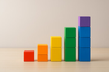 ascending bar chart built from colorful wooden blocks with copy space background. abstract symbol of progress, growth, and positive development. upward trend, achievement.