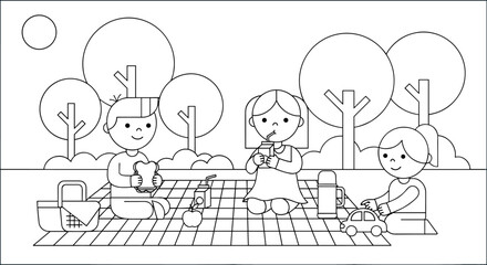 Children Having a Picnic in a Park, Coloring Book Illustration