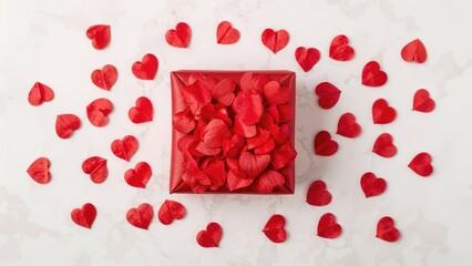 Red hearts surrounding a gift box, symbolizing love and affection. Valentine's Day gift idea and romantic gesture. Love, celebration, and special occasions.
