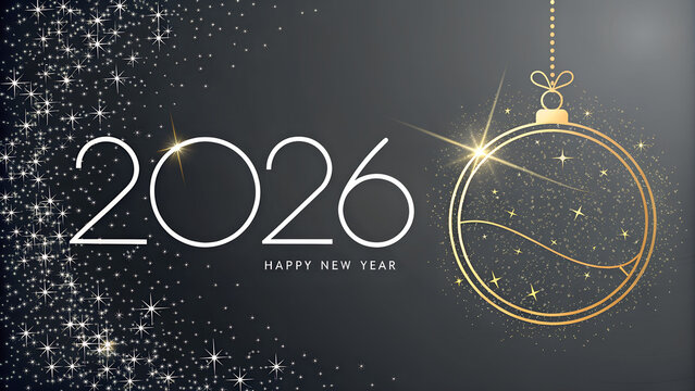 New Year 2026 celebration card with golden ornament and stars  