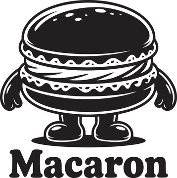 Cute macaron dessert cookie character mascot silhouette vector illustration monochromatic style on clean background.