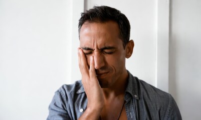 Overworked frustrated man holding hand over face showing emotional fatigue and stress while standing against plain white indoor backdrop