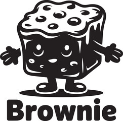 Dessert brownie cartoon mascot with chocolate chips simple black silhouette vector illustration