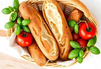 Several baguettes and fresh tomatoes placed together inside wicker basket forming simple rustic natural culinary