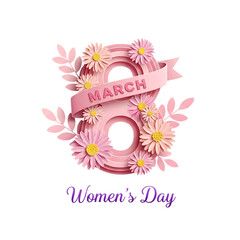 Decorative number 8 with flowers and ribbon for international womens day