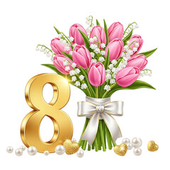 Elegant bouquet of pink tulips and lily of the valley with a golden number 8 and pearls, celebrating international womens day