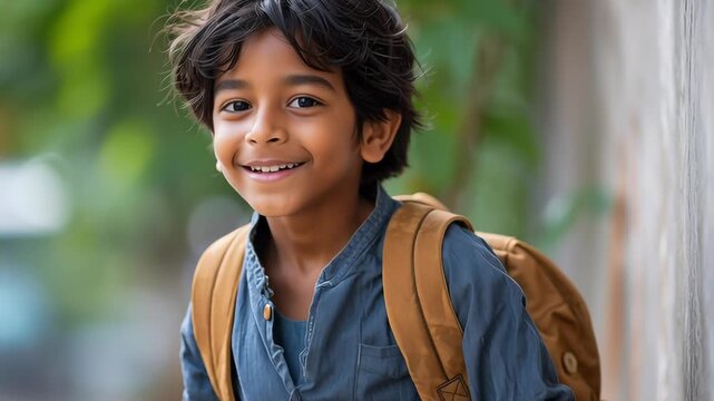 A young boy with a backpack is smiling and posing for a picture. Concept of happiness and confidence, as the boy appears to be proud of himself and his belongings