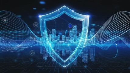 Futuristic digital shield protecting a glowing city skyline with data streams and network waves