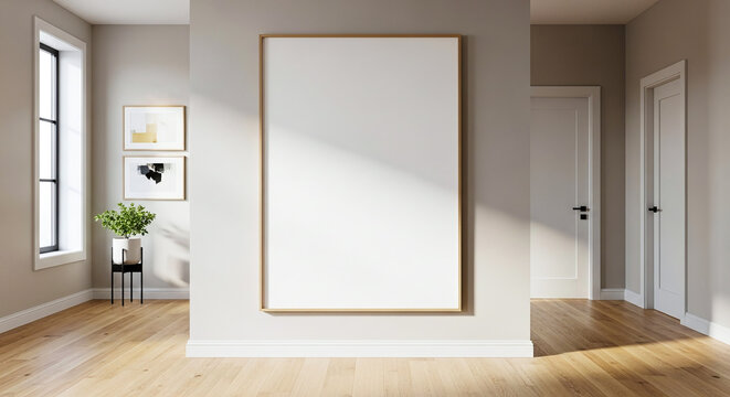 Poster frame mockup in modern hallway with hardwood floor for design placement