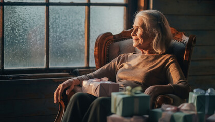 An elderly woman sits in a chair near a window surrounded by wrapped gifts, suggesting anticipation of a holiday or special occasion.