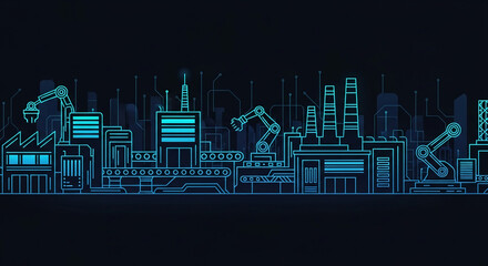 Fototapeta premium Futuristic Industrial Factory with Robotic Arms in a Digital Blue Glowing Landscape