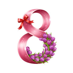 Number 8 decorated with pink ribbon and purple tulips