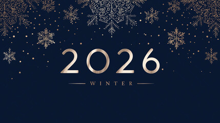 Minimalist winter wonderland greeting card template, frosted silver typography “2026” on deep navy background, delicate snowflake pattern subtle gold foil effect, clean modern graphic design