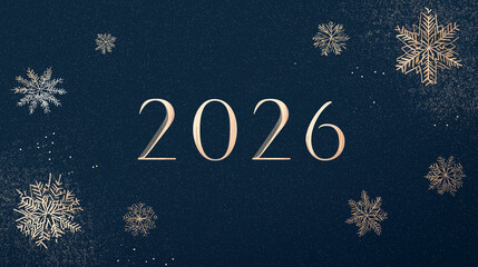 Minimalist winter wonderland greeting card template, frosted silver typography “2026” on deep navy background, delicate snowflake pattern subtle gold foil effect, clean modern graphic design