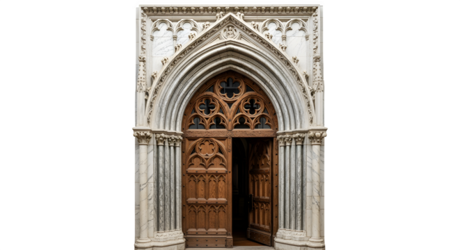 Ornate wooden door of a gothic cathedral is a beautiful sight