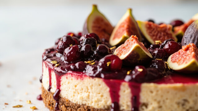 Delicious cheesecake topped with fresh figs, cherries, and a vibrant berry glaze