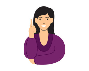 Woman has a Eureka Moment with Smiling Expression and Pointing Upward Gesture