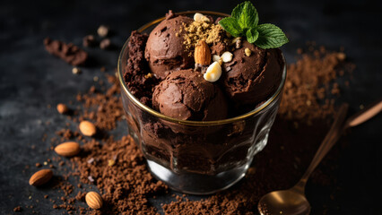 Delicious chocolate ice cream dessert with almonds and mint in a glass