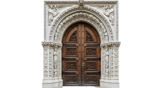 a detailed wooden door with stone archway and carvings
