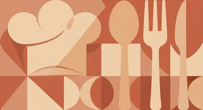Modern culinary art concept with geometric shapes of a chef hat, spoon, fork, and knife on a warm-toned background