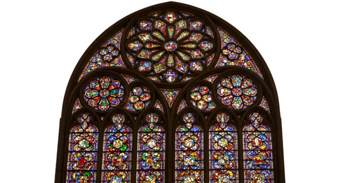 Stained glass window, featuring intricate patterns and vibrant colors