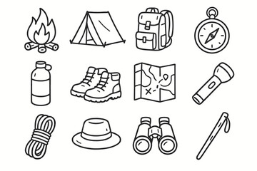 Fototapeta premium Compass boots adventure stick binoculars icons coil icon backpack nature rope vector