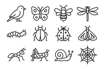 Fototapeta premium Icons ladybug beetle bee nature vector caterpillar moth collection dragonfly snail butterfly