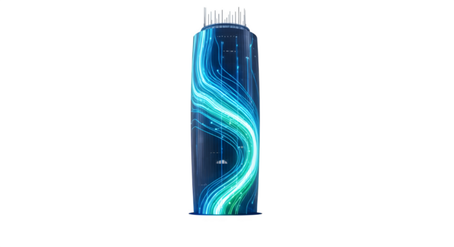 Futuristic cylindrical building with digital display