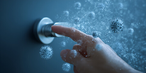 Finger touching door handle surrounded by floating virus particles symbolizing contamination risk