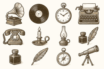 Record rotary feather object watch icon gramophone icons vintage vinyl ink vector