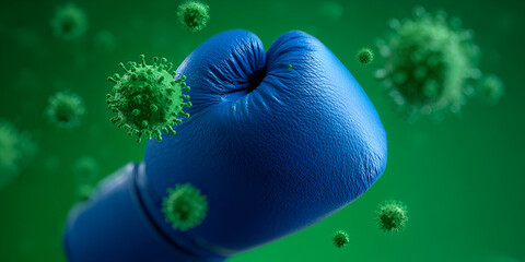Blue boxing glove approaching green virus cells in conceptual disease resistance image