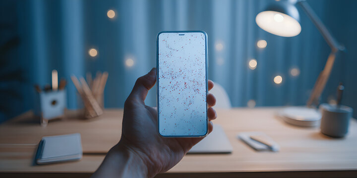 Smartphone showing virus contamination data in blue-lit modern home office environment
