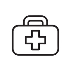 Simple black line art icon of a medical first aid kit with a red cross symbol