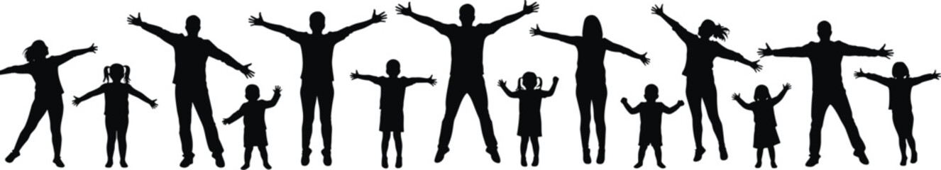 Happy diverse family silhouettes jumping together, parents and children arms wide open, unity, love, freedom, joy, teamwork concept illustration