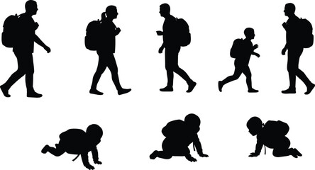 Human evolution, growth stages, crawling baby, walking adult, backpack journey, life cycle, silhouette concept, development timeline, education metaphor