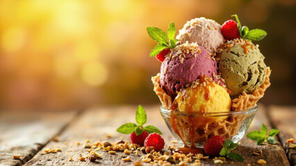 Delicious ice cream sundae with fresh berries and caramel sauce