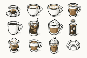 Obraz premium Coffee brew flat vector affogato icon frappe mocha cup collection macchiato