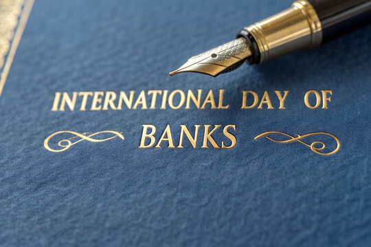 Elegant close-up of blue textured surface with gold embossed “International Day of Banks” and fountain pen, symbolizing formality and financial recognition. generative ai