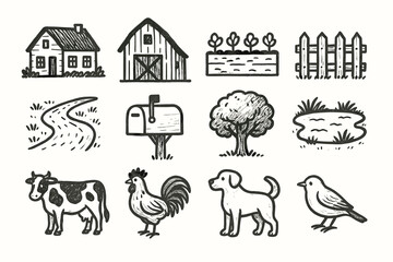 Dog mailbox scene icon barn country tree rooster dirt village icons fence