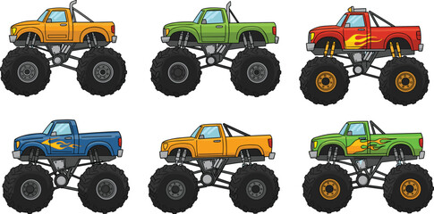 Cartoon monster trucks, colorful flame decals, oversized wheels, kids illustration, playful vehicle design, off-road cars, fun transportation, vector art © Hello World
