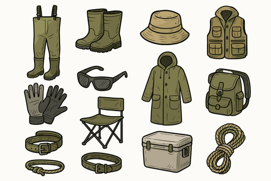 Fishing gear chair vest rope raincoat belt gloves waders icon backpack vector
